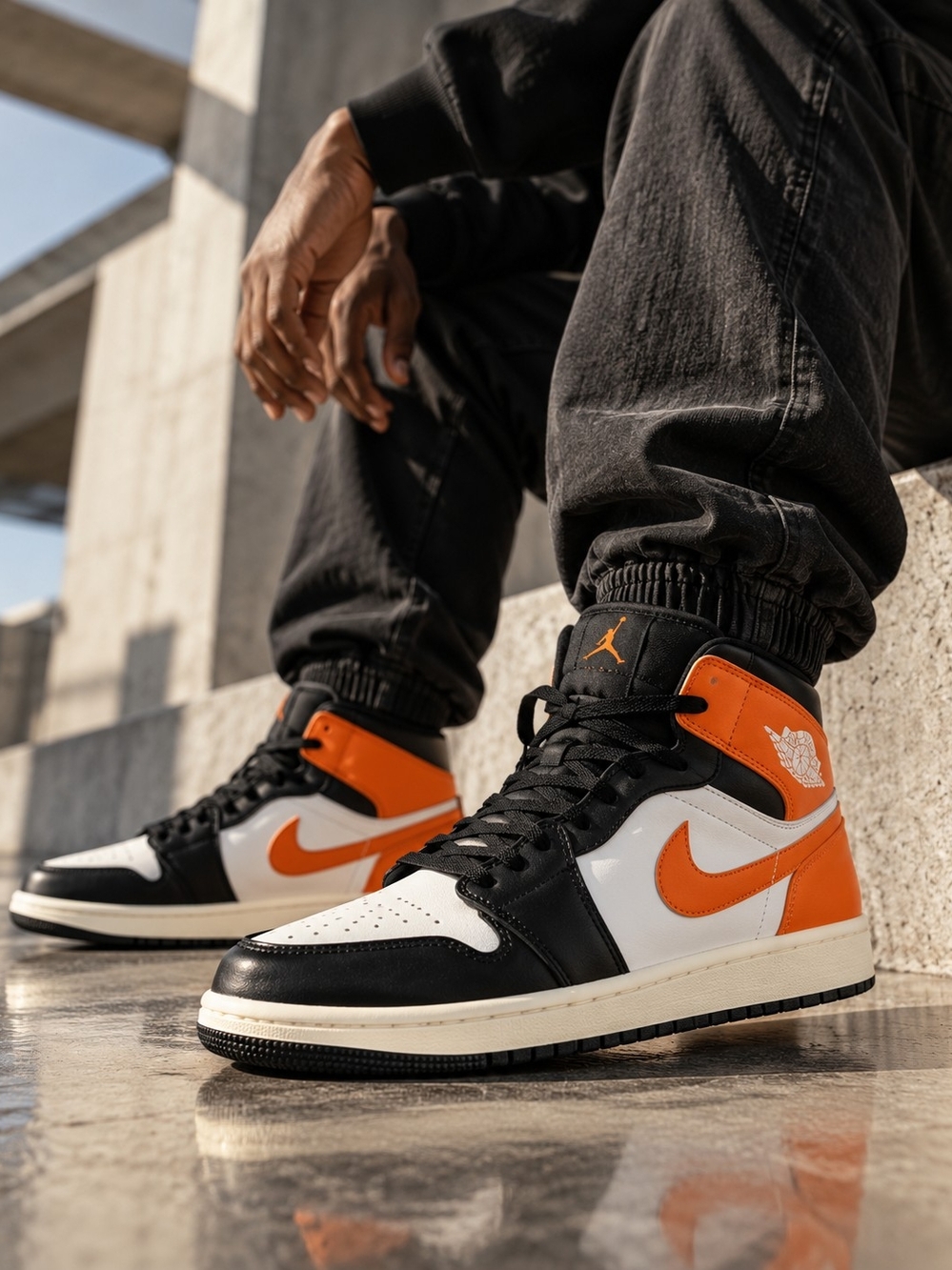 Nike Air Jordan 1 Mid Black Toe Starfish Orange Black White Sneakers Men's 8.5